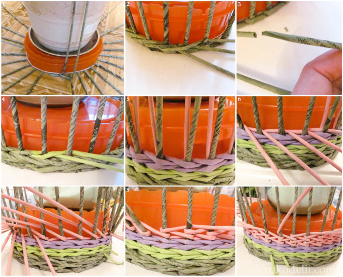 Несколько схем плетения округлых корзин из газетных трубочек