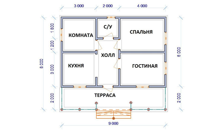 На проекте одноэтажного каркасного дома располагаются комнаты и кухня.