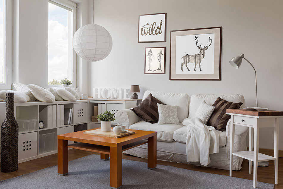 Три постера на тему природы в темных рамах над диваном в гостиной в скандинавском стиле