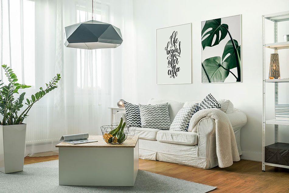 Два постера с надписью и листьями над диваном в белой гостиной в скандинавском стиле