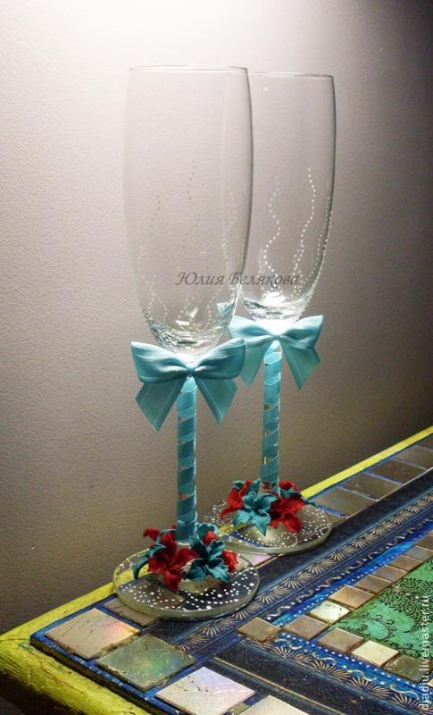 Свадебные бокалы, цветы из пластики, фото № 25