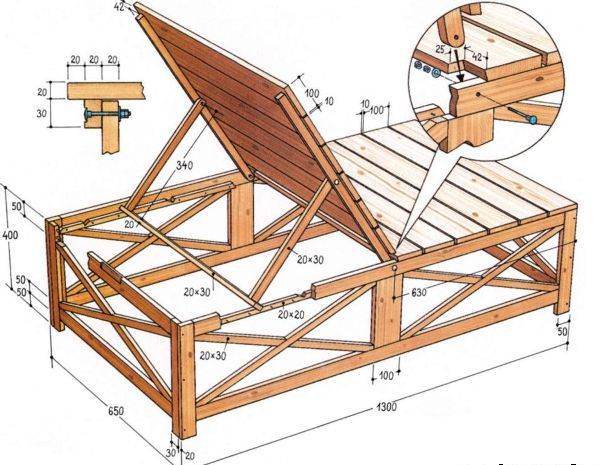 Чертеж и схемы изготовления деревянного шезлонга представлены в большом количестве