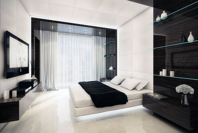 интерьер спальни в черно-белых тонах в стиле хай-тек