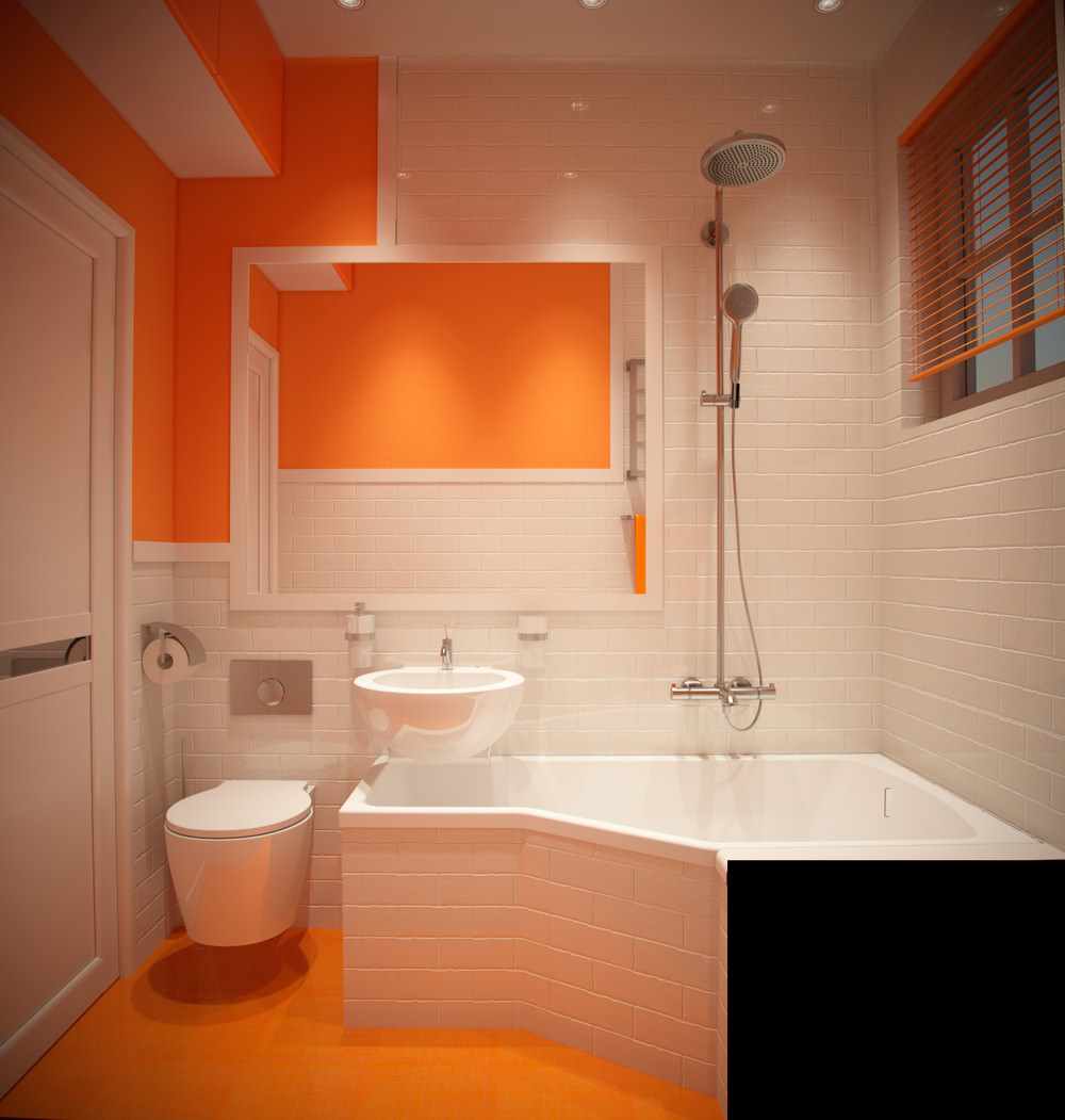 идея светлого интерьера ванной комнаты с угловой ванной