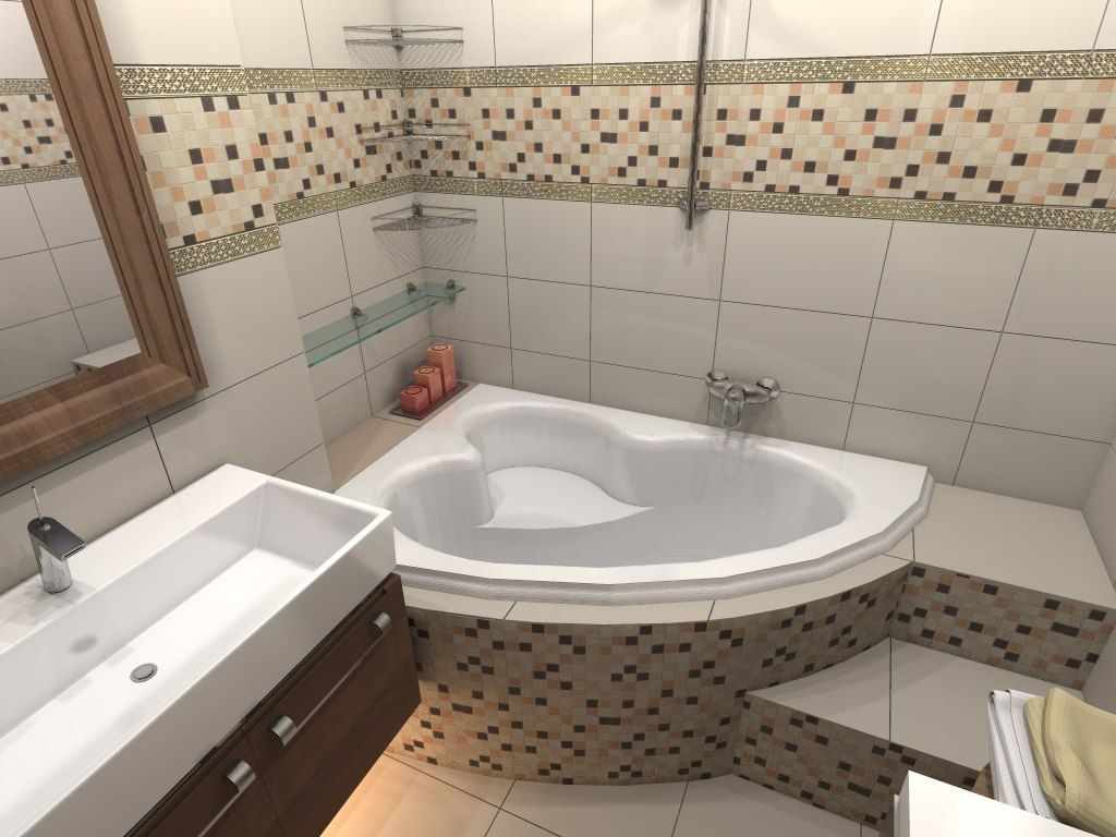 пример красивого дизайна ванной комнаты с угловой ванной