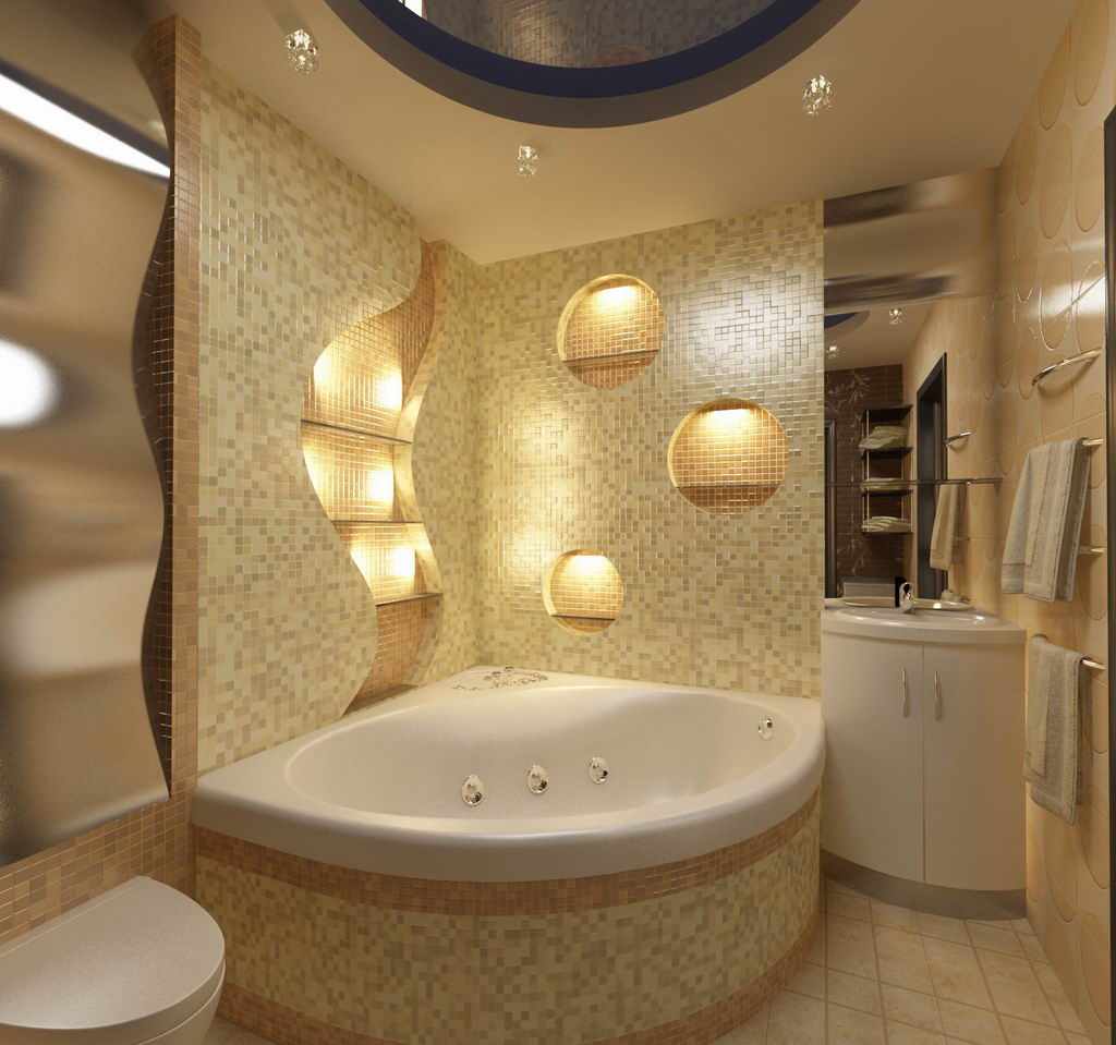 вариант светлого декора ванной комнаты с угловой ванной
