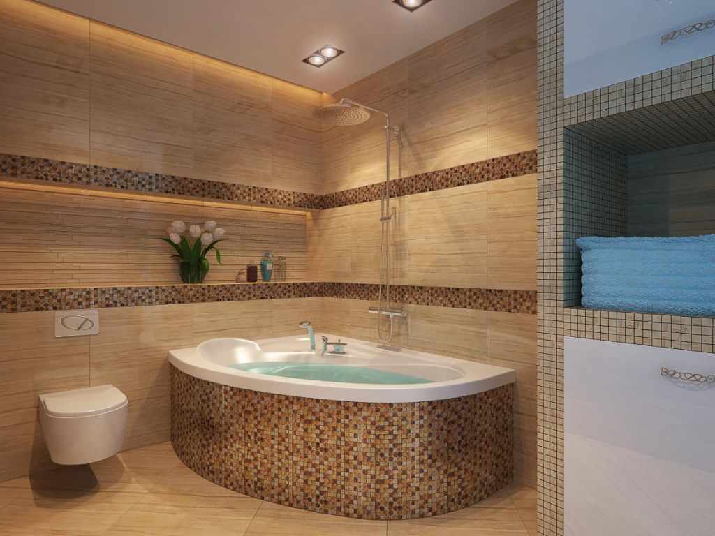 пример яркого дизайна ванной комнаты с угловой ванной