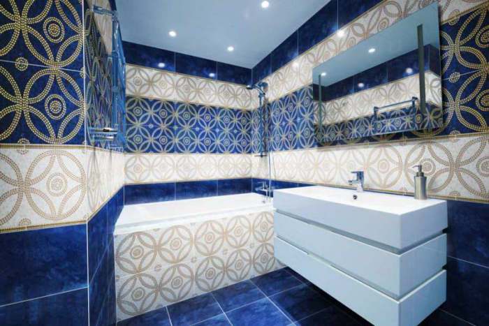 Стены в синей ванной.
