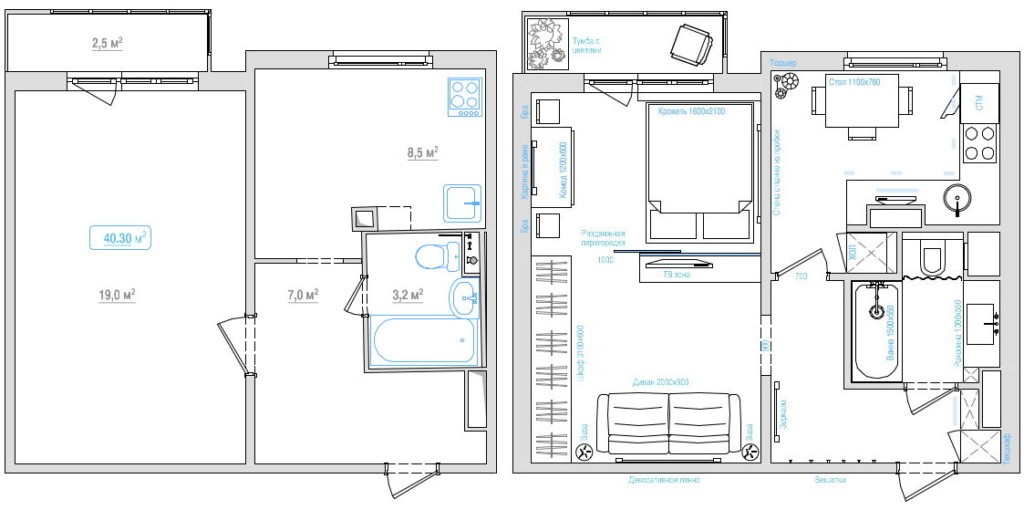 План однокомнатной квартиры до и после перепланировки