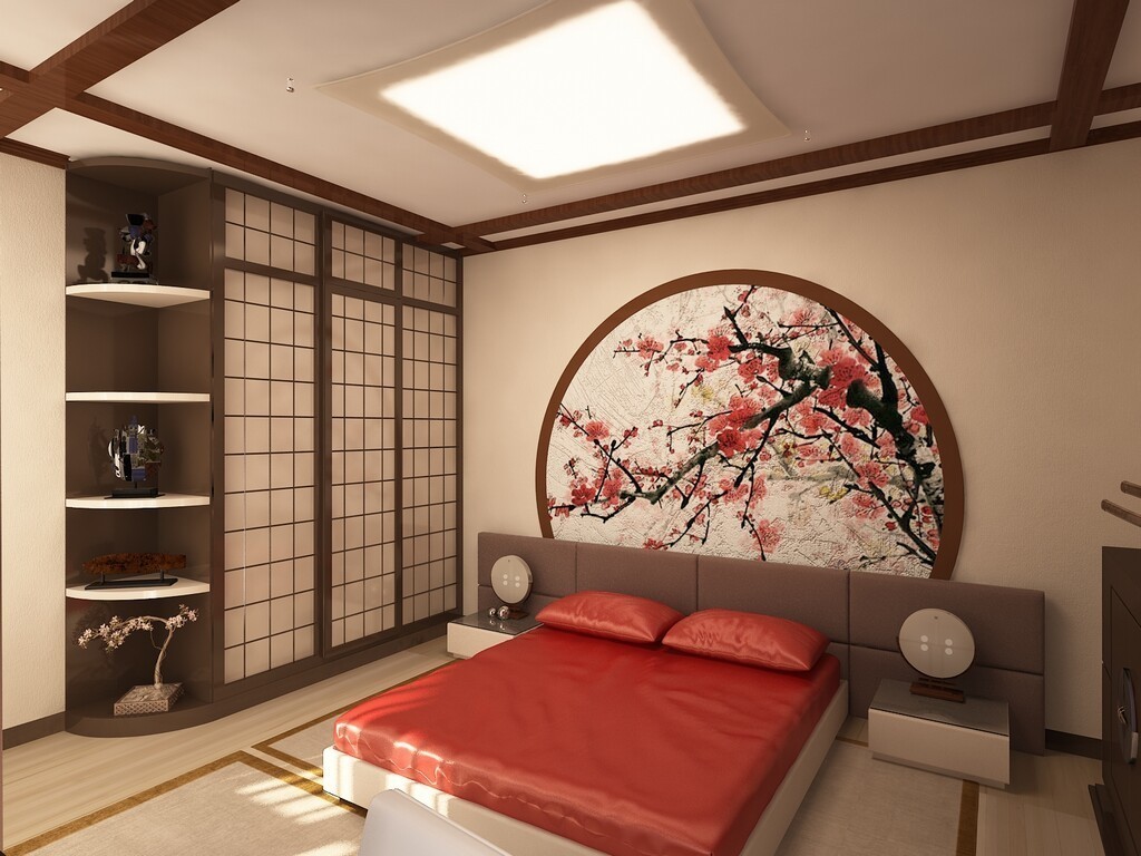 Спальня в японском стиле в трехкомнатной квартире