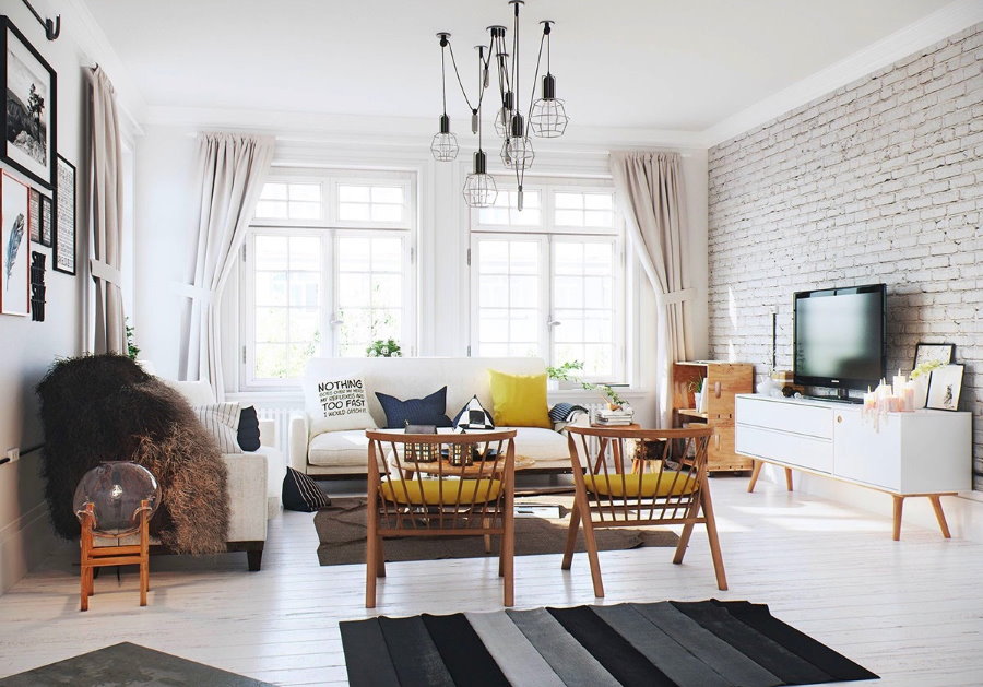 Светлая комната квартиры в скандинавском стиле