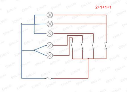 подключения пятиламповой люстры (1+2+1+1)