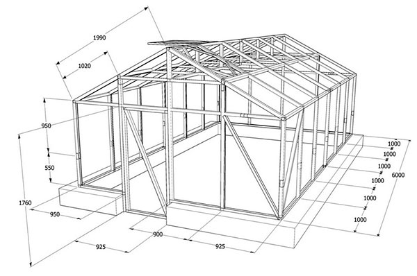 Чертеж теплицы с двускатной крышей