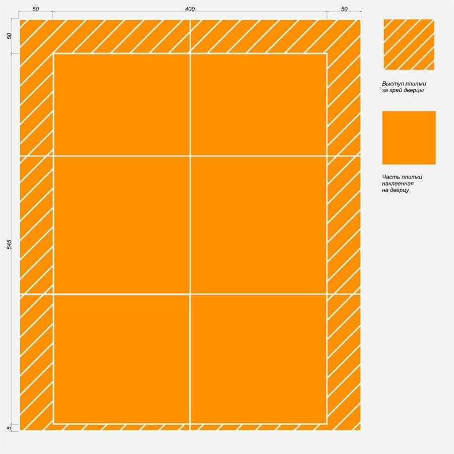 Раскладка плитки 250х200 мм на съемной дверце люка с учетом отступов