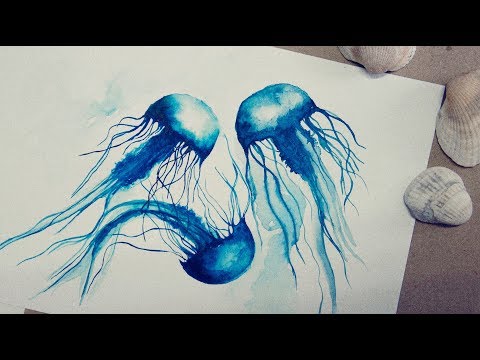 Как нарисовать медузу акварелью. Акварельная иллюстрация для стока / watercolor sketch jellyfish