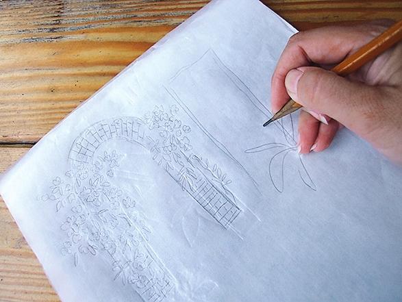 Сделайте объединенный рисунок: положите еще один чистый лист кальки на вашу склейку, обведите карандашом все детали и элементы не только выбранного сюжета, но и садового уголка, в который вы его вписываете