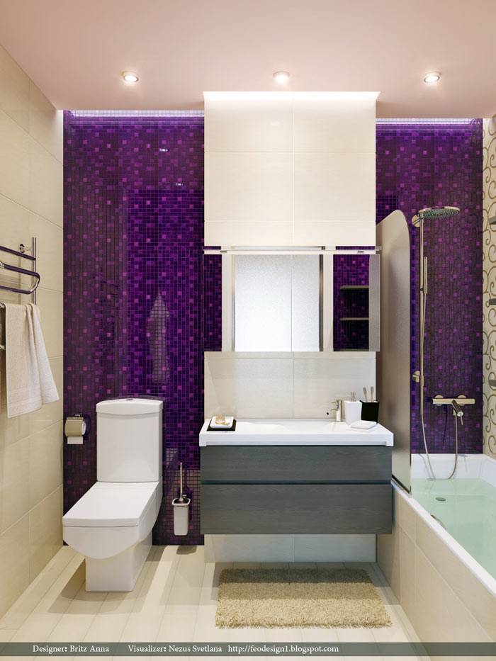 Удачное сочетание фиолетового и белого цвета в дизайне ванной комнаты
