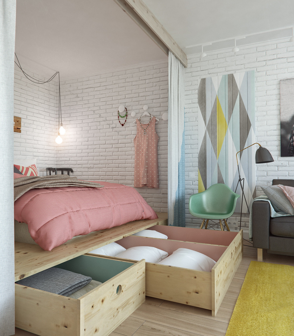 Система хранения в спальне дизайнерской квартиры в Подмосковье