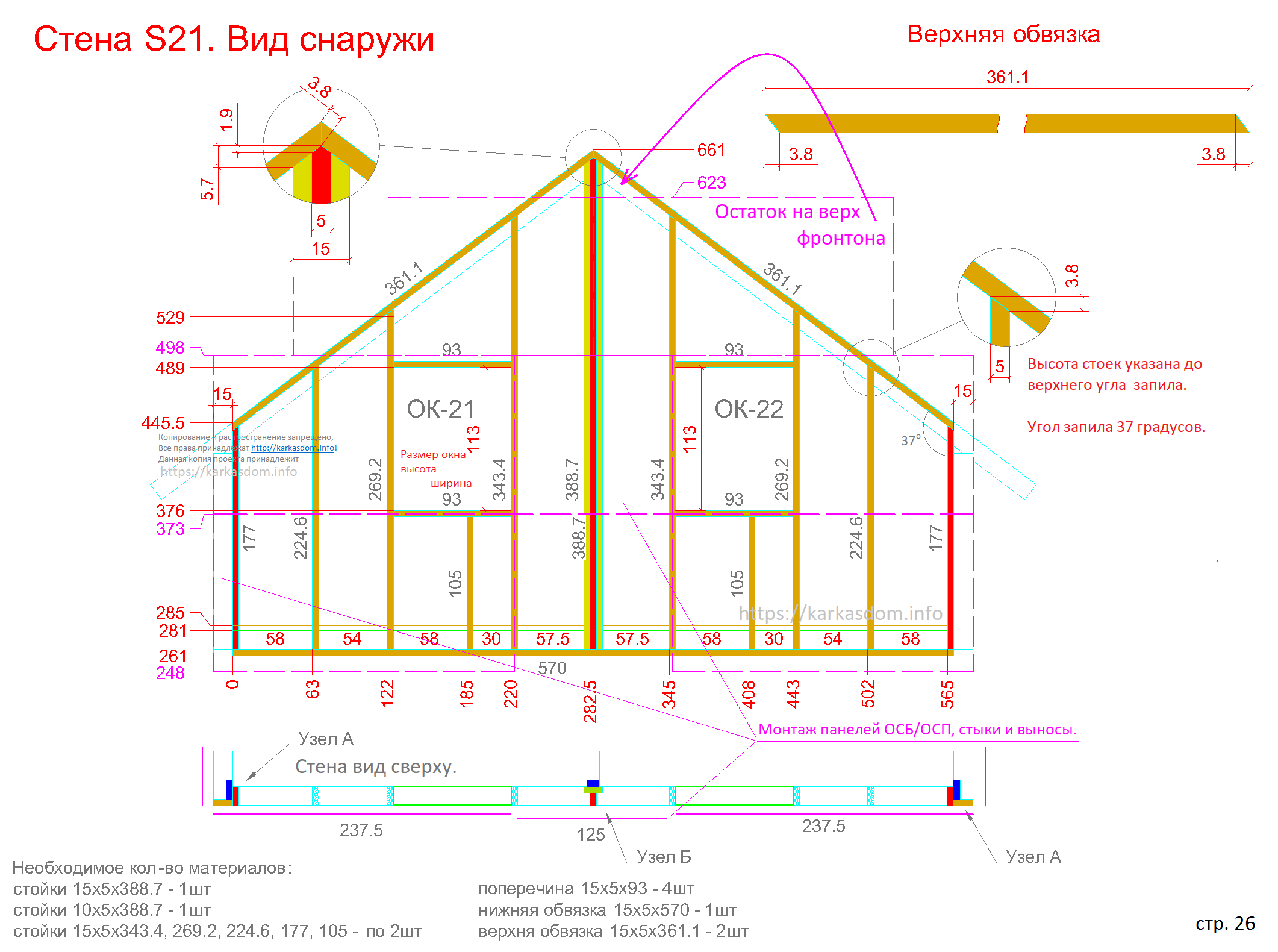 Чертёж фронтона каркасно дома