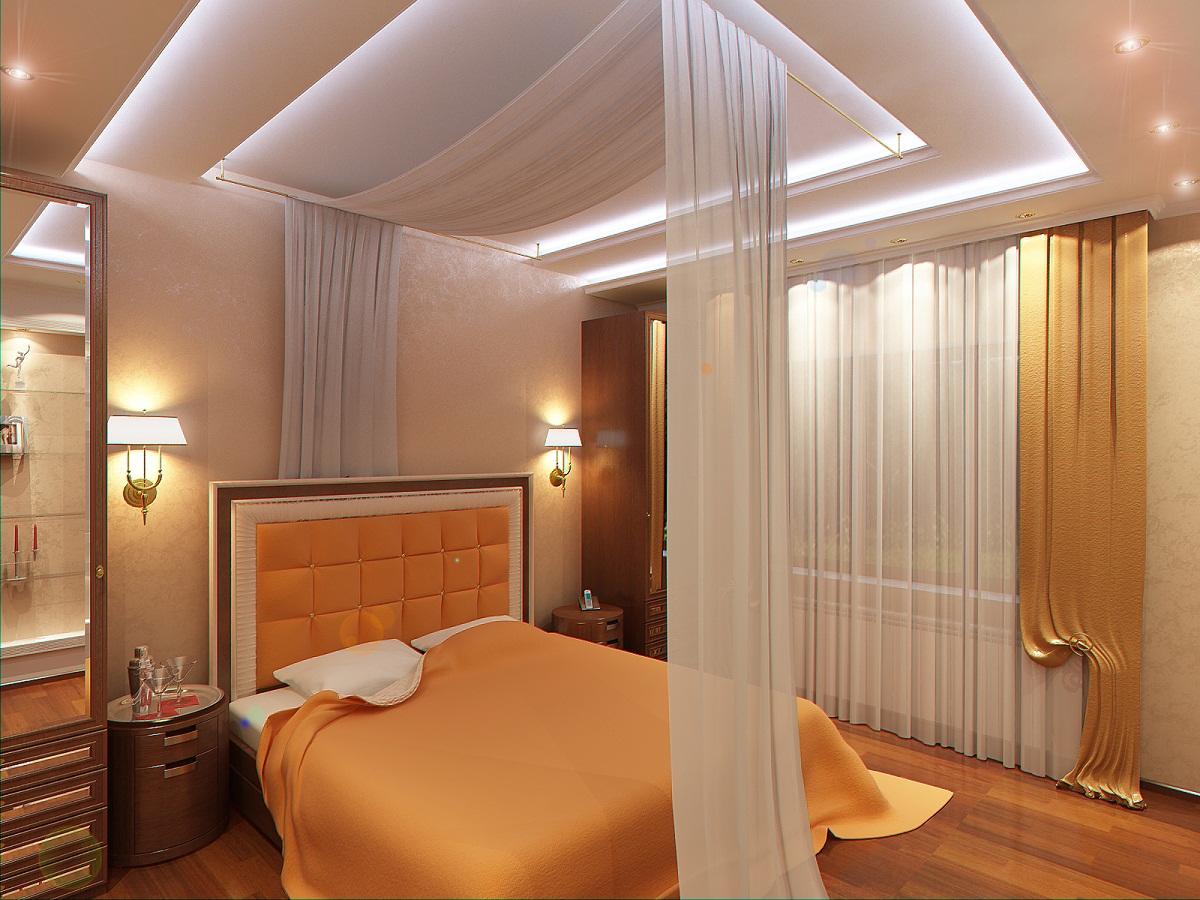 Выбирать цвет и форму подвесного потолка нужно в зависимости от стиля, в котором выполнена спальня 