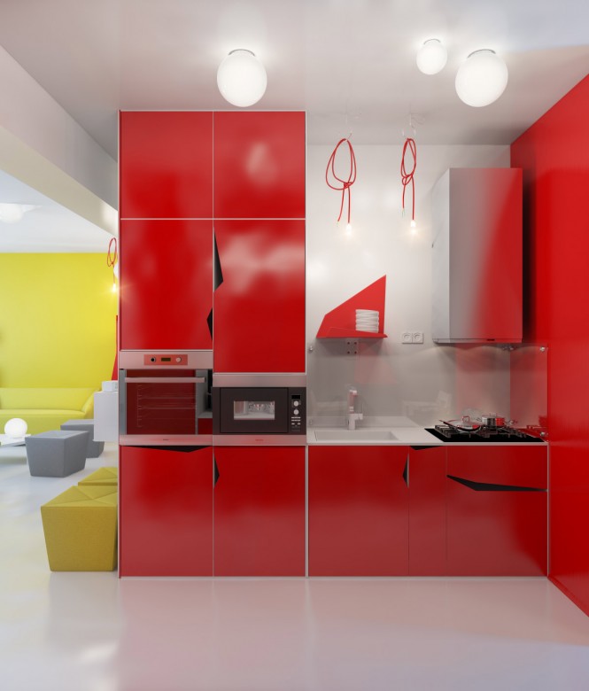 Интерьер кухни с красной мебелью