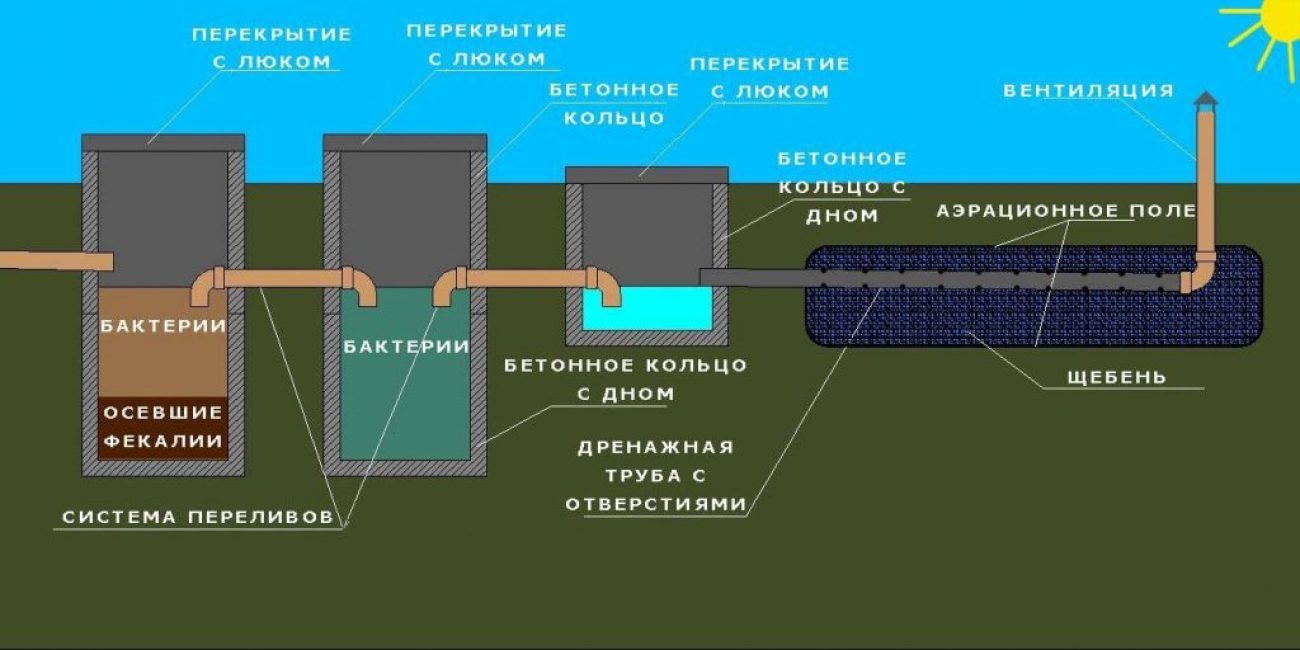 Схема 3-камерного септика с дренажным полем