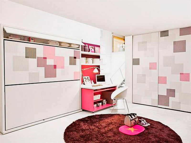 Фото двухъярусной шкаф-кровати в интерьере комнаты девочек подростков