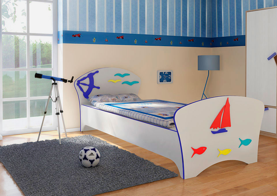 Интерьер детской комнаты в морском стиле с классической кроватью в интерьере