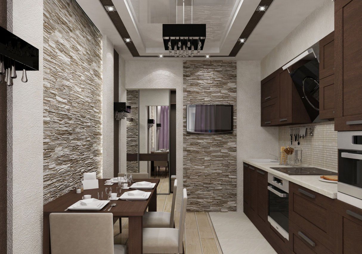 Дизайн кухни с камнем на стене