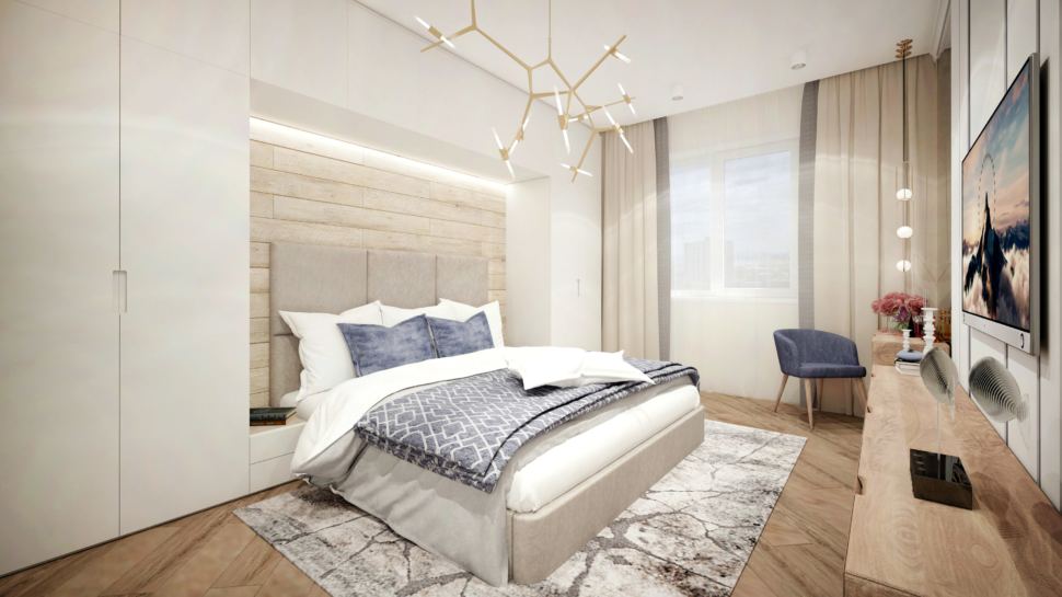 Дизайн интерьера спальни 17 кв.м в современном стиле в золотых тонах в сочетании со сложно-синим оттенком, голубой стул, люстра
