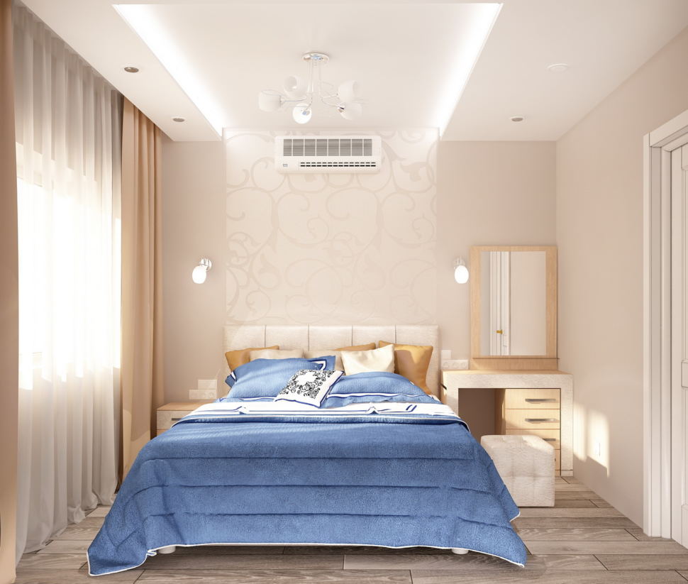 Визуализация спальни 11 кв.м в светлых тонах, синий текстиль на кровати, кровать, белый туалетный столик, пуф, светильники, портьеры