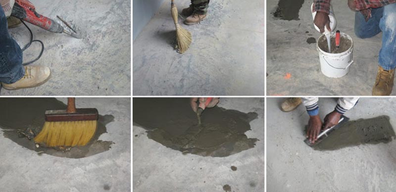 Фото: Этапы устранения повреждений на бетонной плите