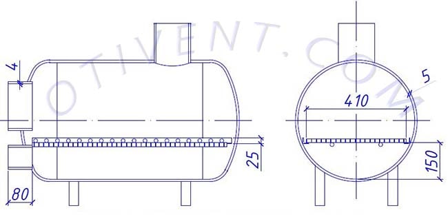 Чертеж банной печки – продольный разрез