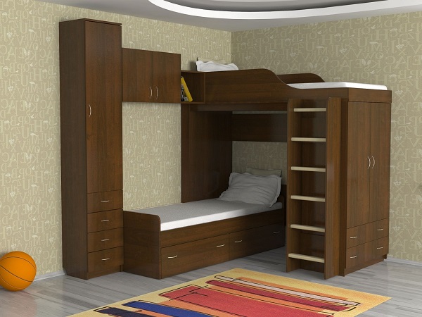 Угловая двухъярусная кровать с комодом и шкафом