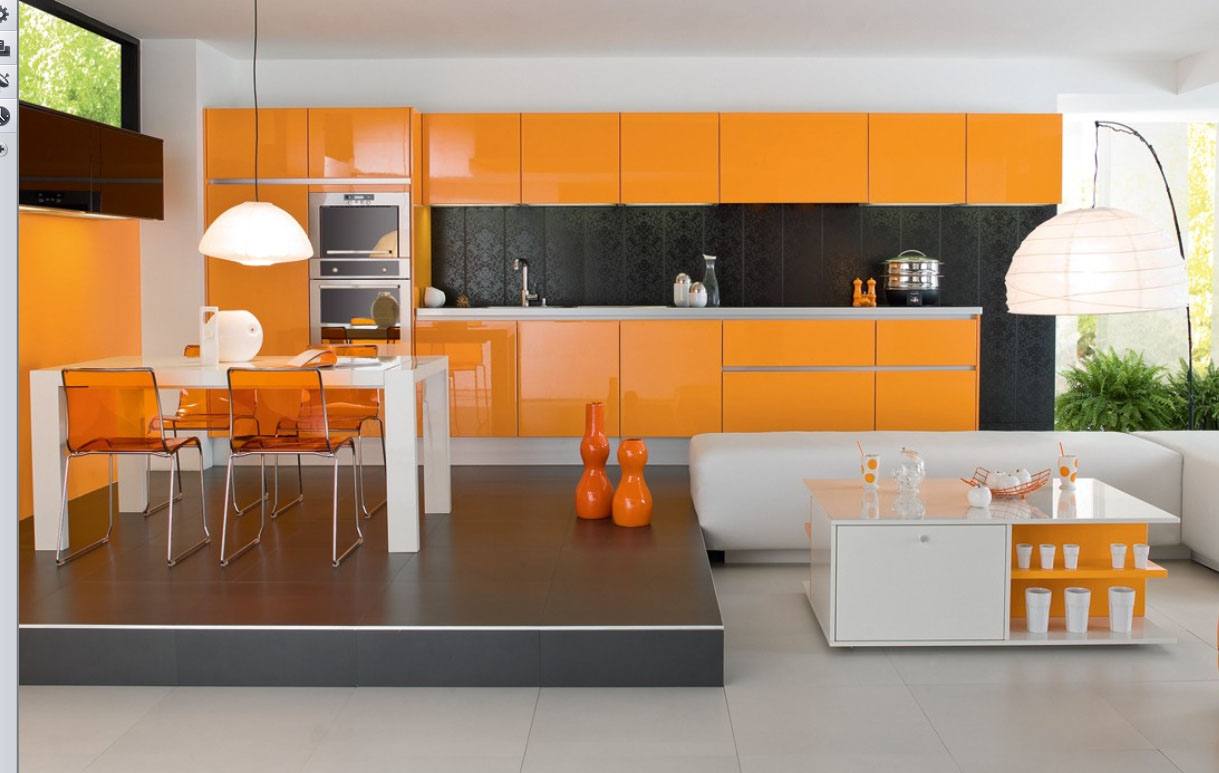 Черный, белый и оранжевый цвета в интерьере кухни с подиумом