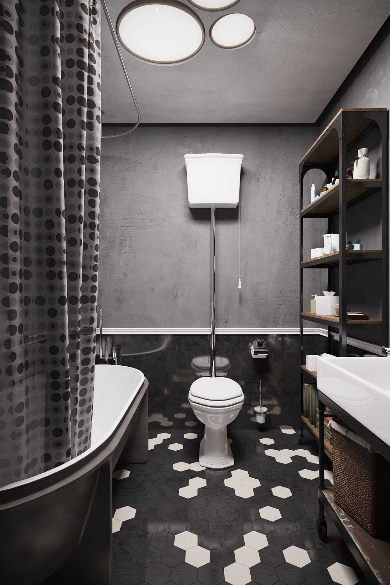 Современная черно-белая ванная комната в стиле лофт