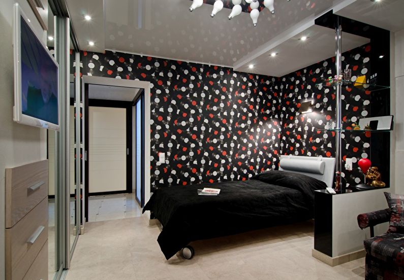 Сочетание цветов в интерьере спальни - черный с красным и белым