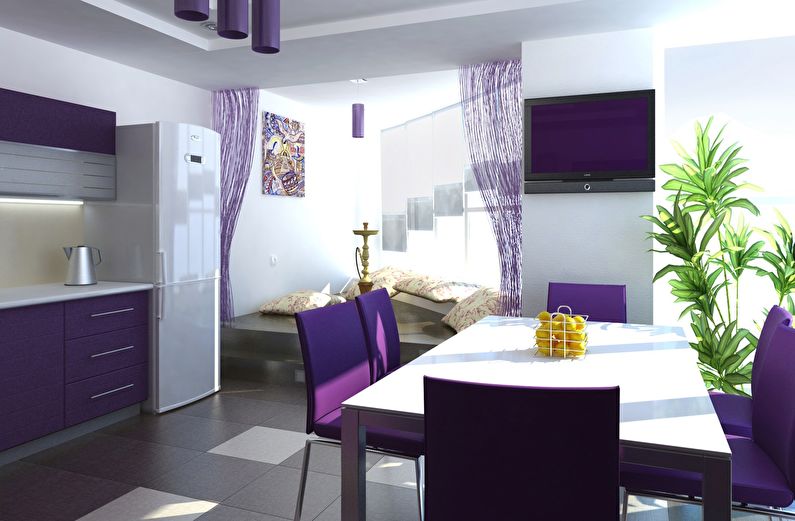 Сочетание цветов в интерьере кухни - фиолетовый с белым