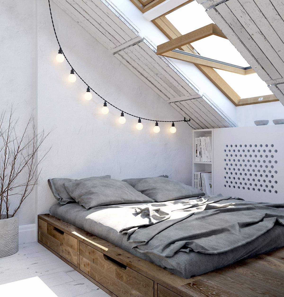 Дизайн потолка в спальне мансарды
