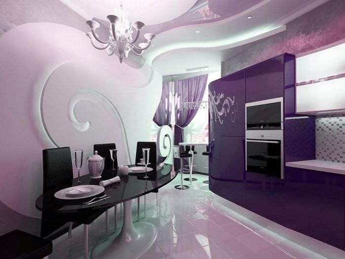 красивый интерьер кухни в фиолетовом оттенке