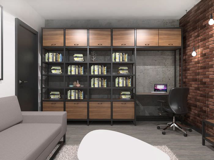 Книжный шкаф в дизайне однокомнатной квартиры в панельном доме серии п44т