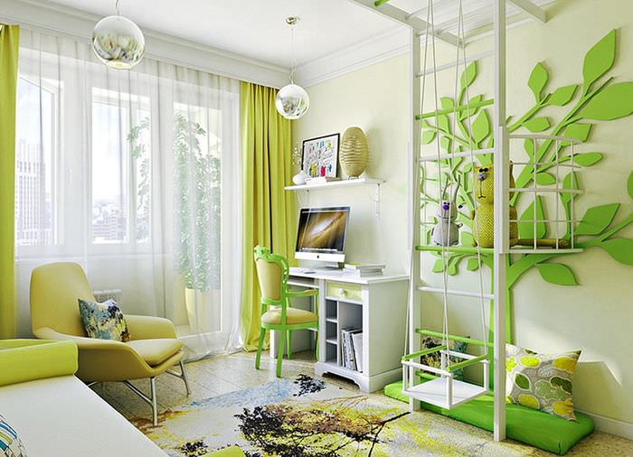 Цвет штор к зеленым обоям в спальне