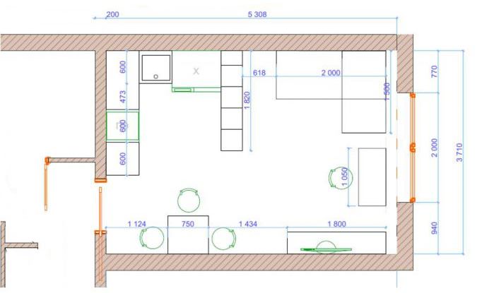 План кухни-гостиной площадью 20 квадратных метров